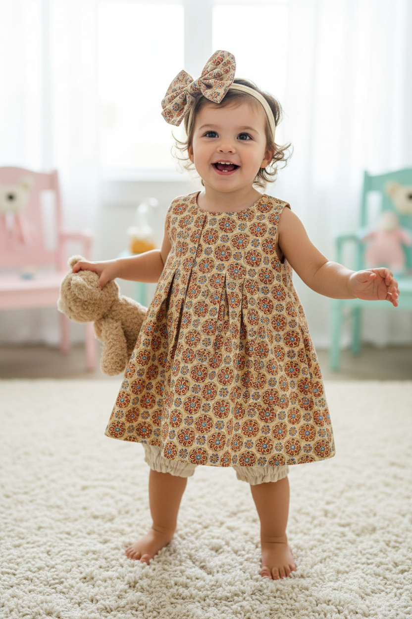 Toddler girl 12-18 months in sleeveless Nelly dress with bow headband on cream band - pose 1