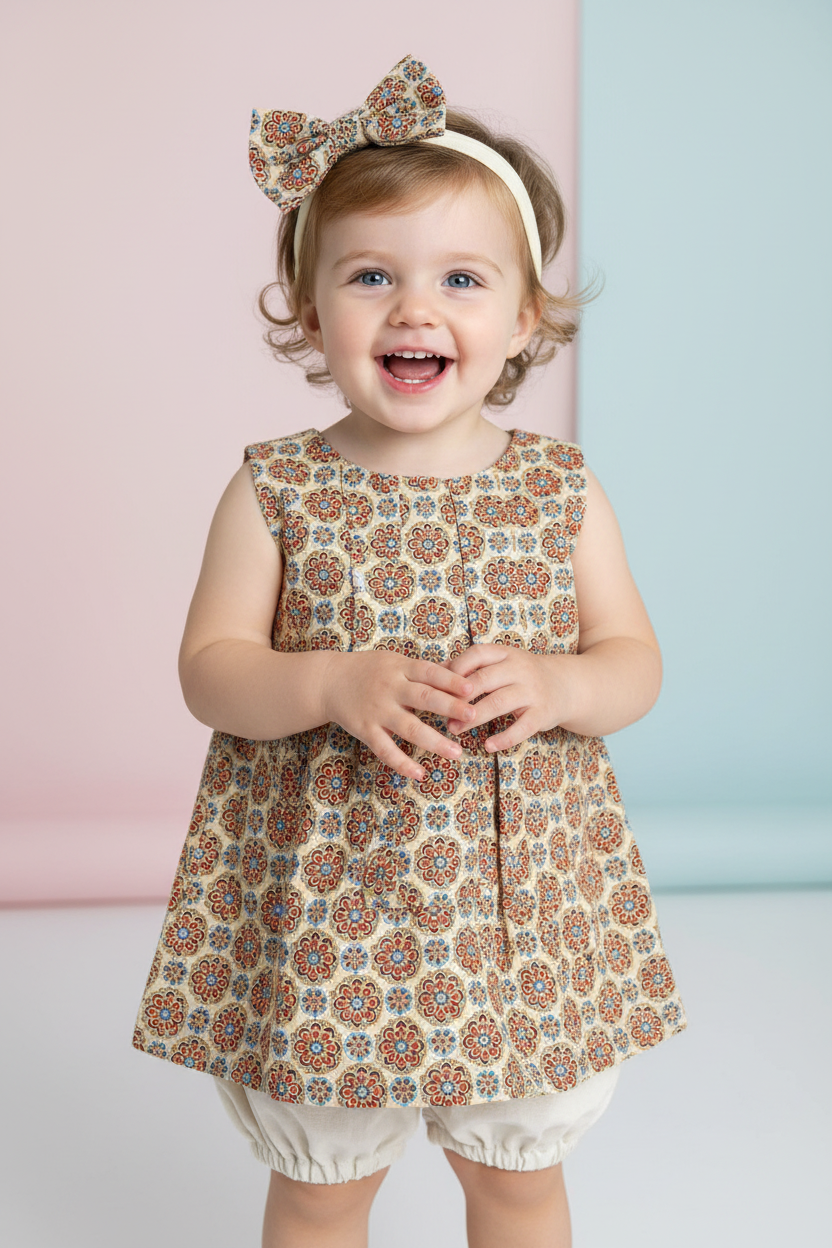 Toddler girl 12-18 months in sleeveless Nelly dress with bow headband on cream band - studio setting