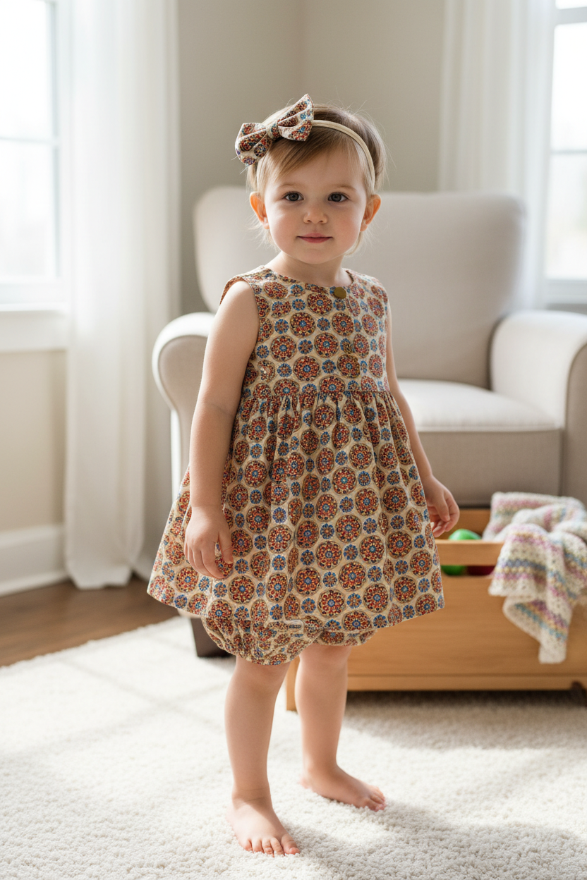 Toddler girl 15-21 months in sleeveless Nelly dress with bow headband on cream band - cozy home setting
