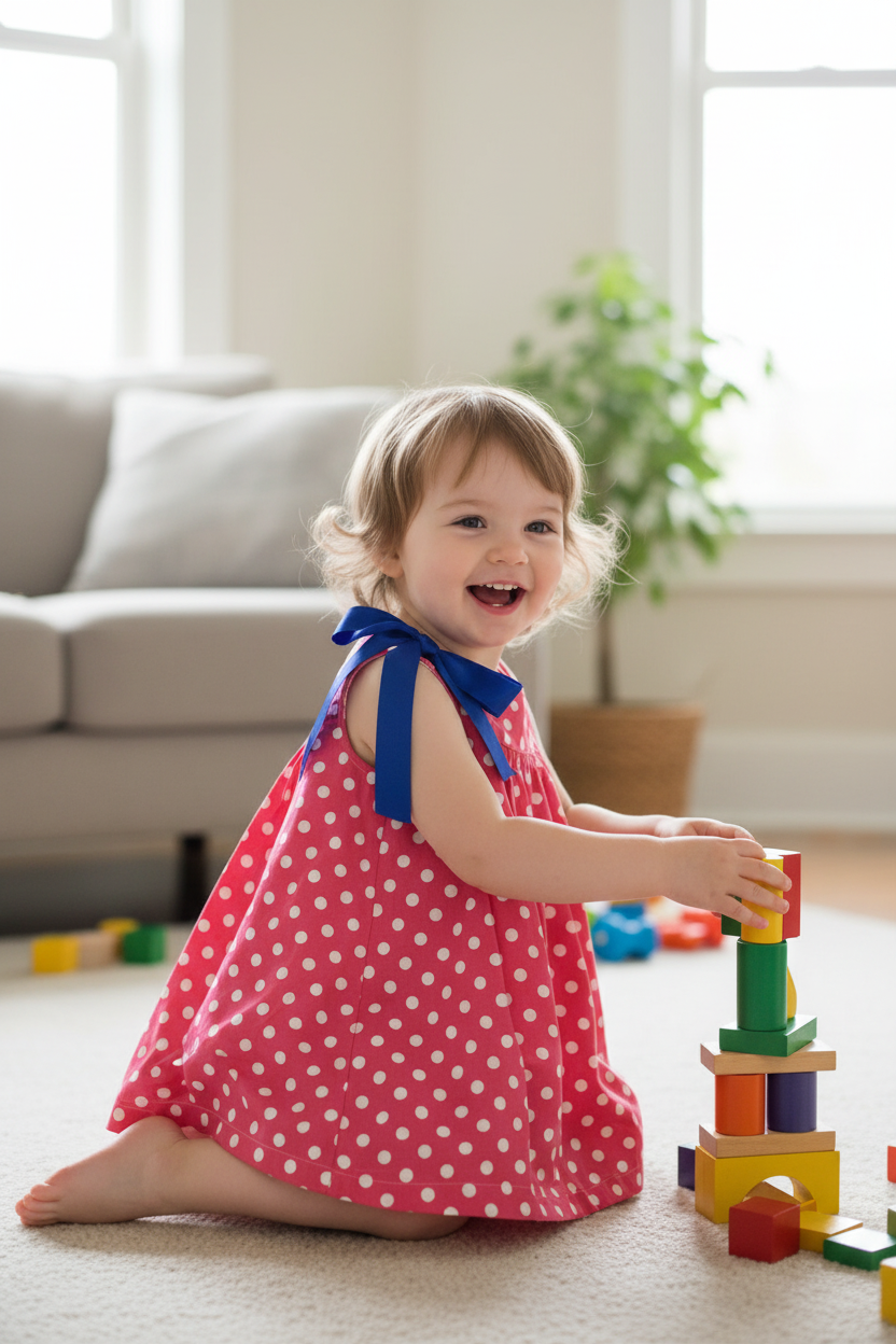 Toddler girl 18-24 months in pink polka dot A-line dress with blue bow - indoor natural light