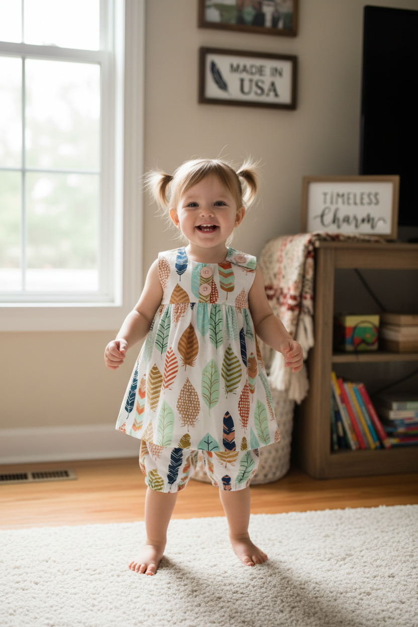 Toddler girl 18-24 months in sleeveless feather print dress with bloomer - cozy home setting