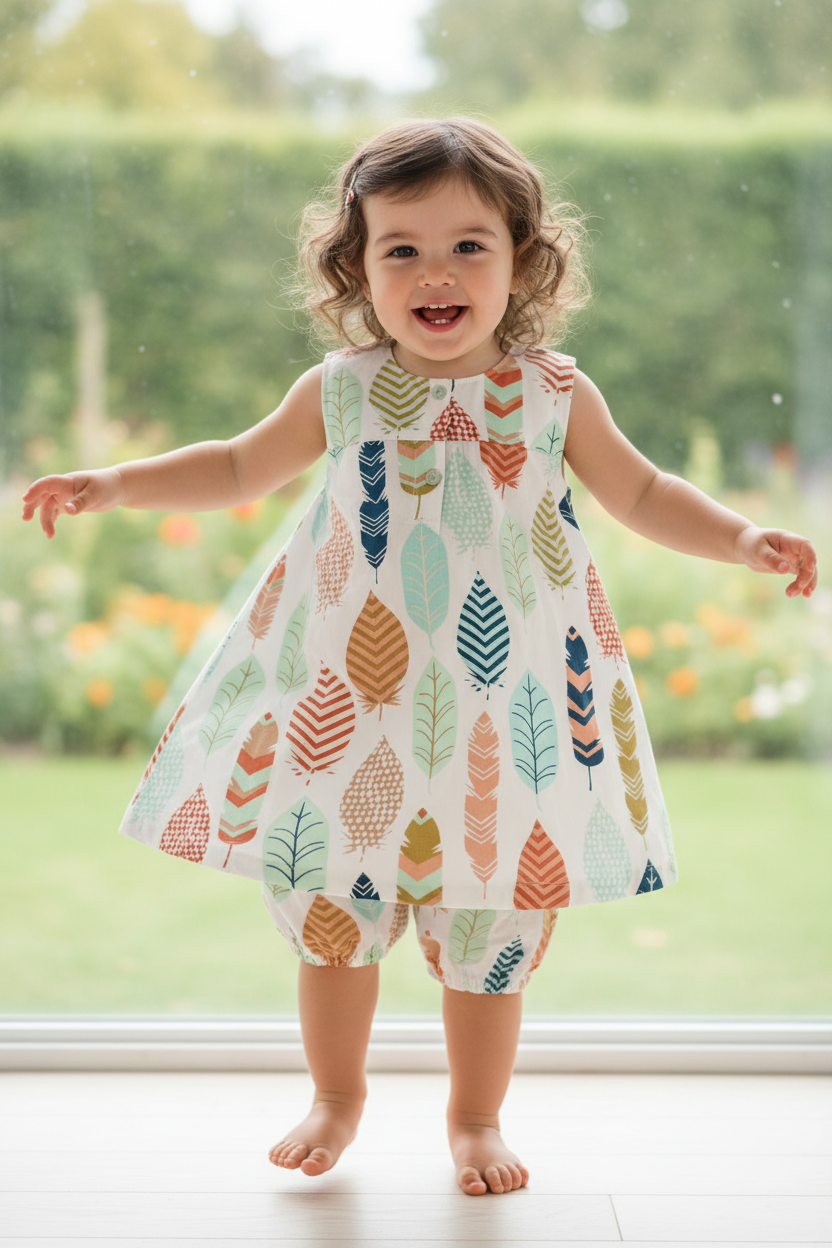 Toddler girl 18-24 months in sleeveless feather print dress with bloomer - pose 1