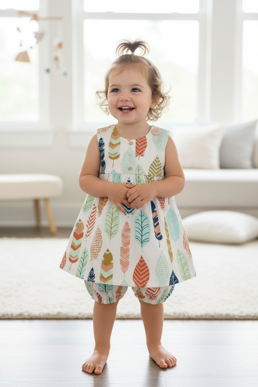 Toddler girl 18-24 months in sleeveless feather print dress with bloomer - variation 2