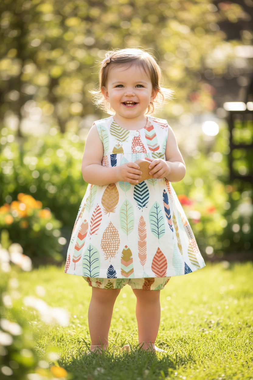 Toddler girl 18-24 months in sleeveless feather print dress with bloomer - variation 5