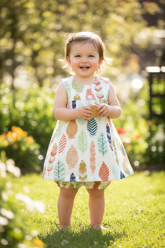 Toddler girl 18-24 months in sleeveless feather print dress with bloomer - variation 5