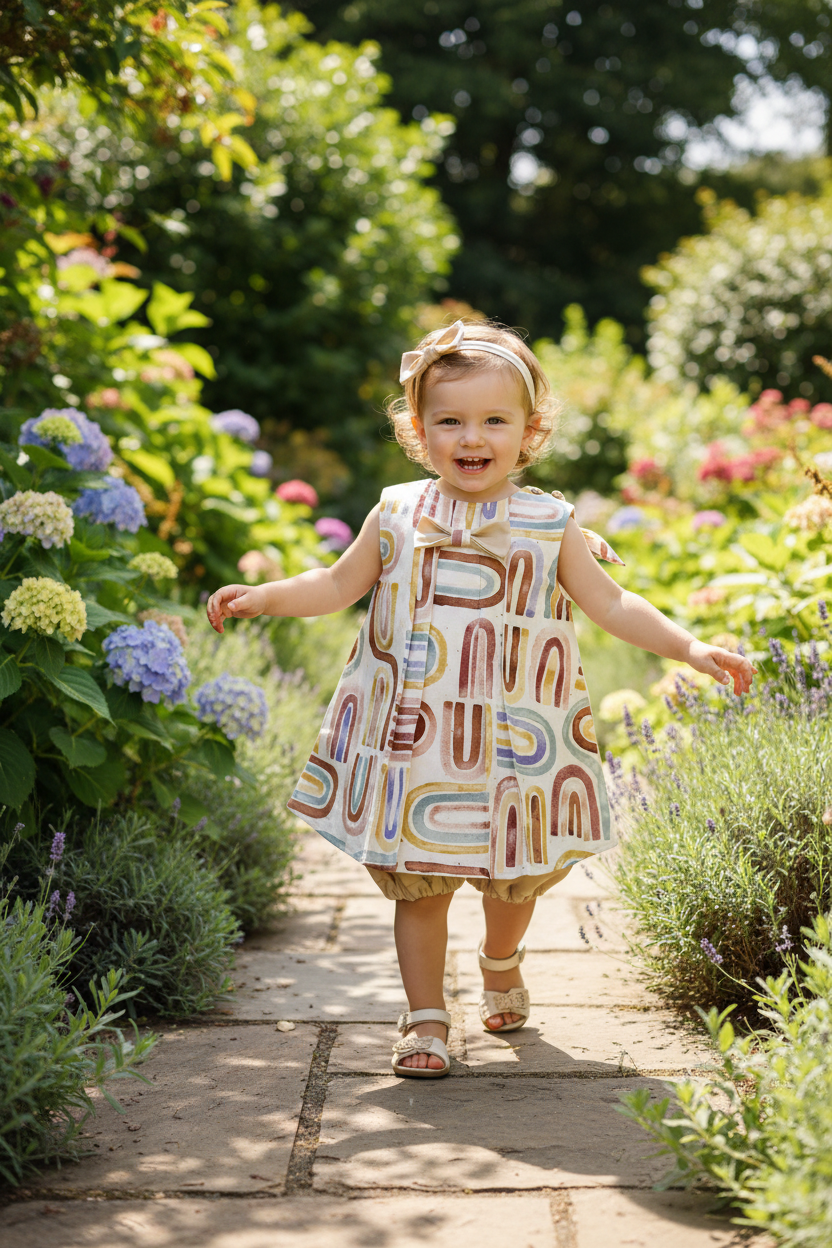 Toddler girl 18-24 months in sleeveless Nelly dress with bow headband on cream band - outdoor setting