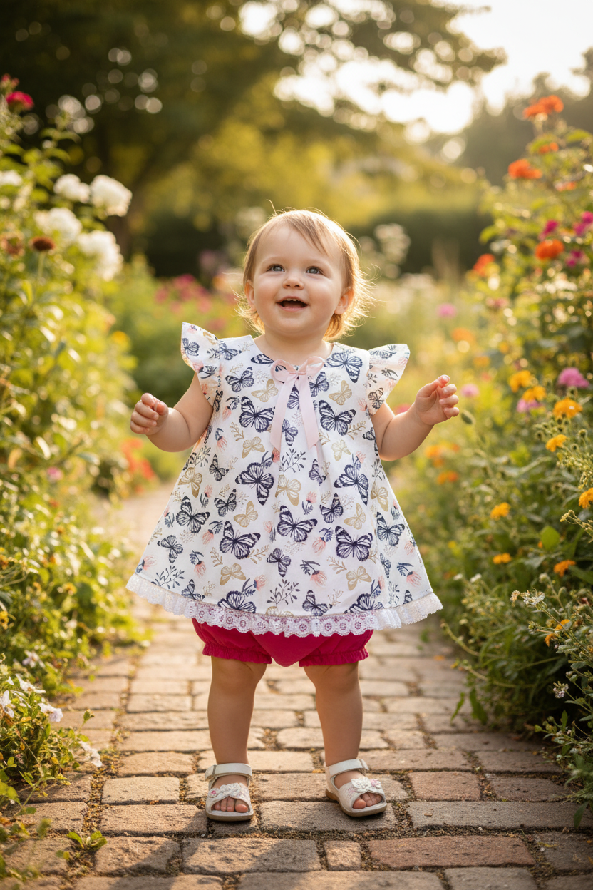 Toddler in butterfly dress with fuchsia bloomers - outdoor setting