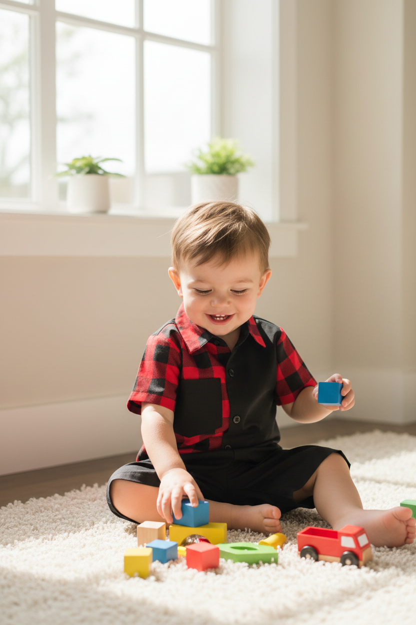 Toddler in checkered shirt - indoor natural light