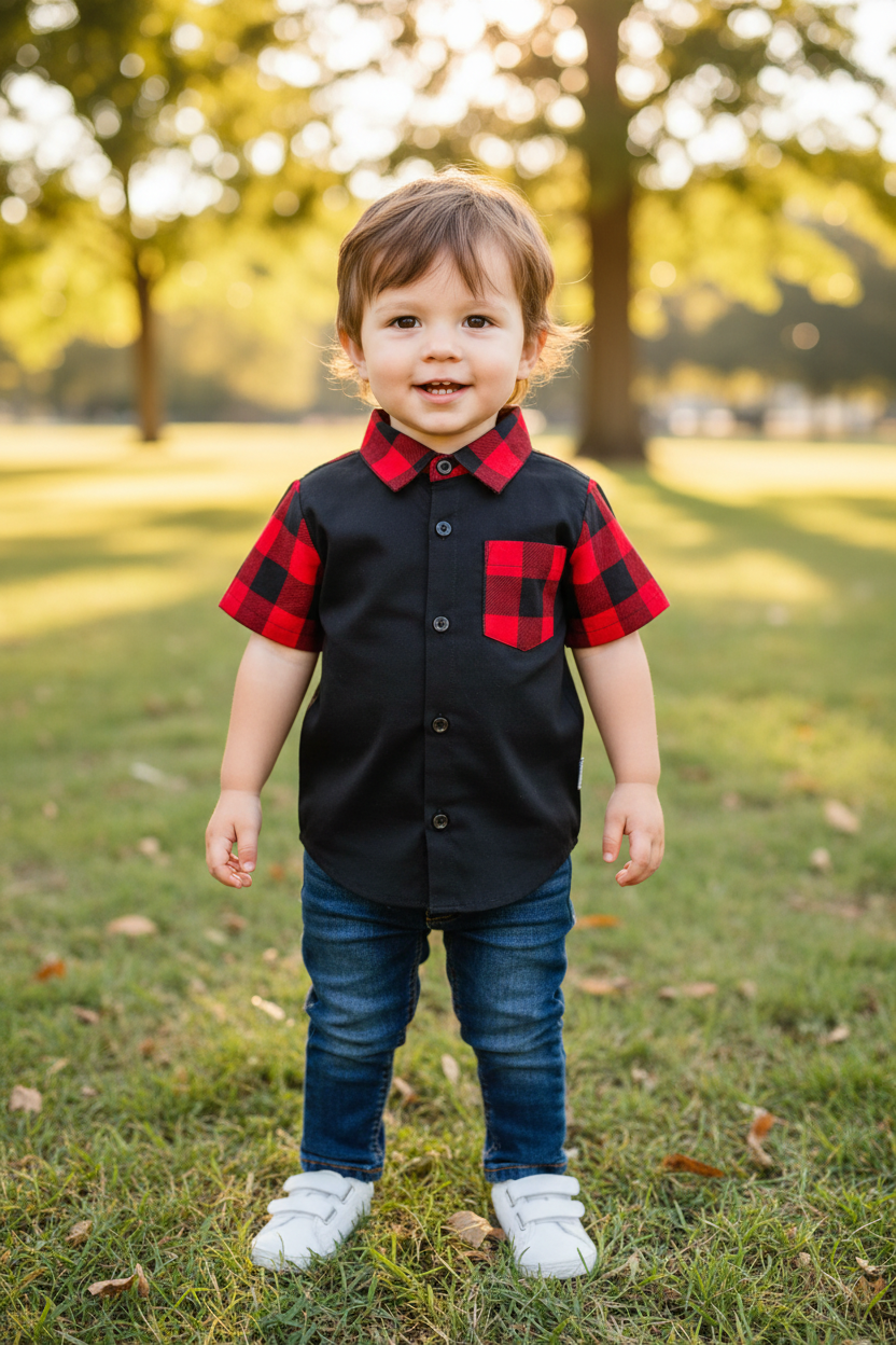 Toddler in checkered shirt - outdoor setting