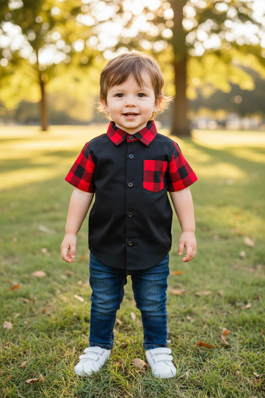 Toddler in checkered shirt - outdoor setting
