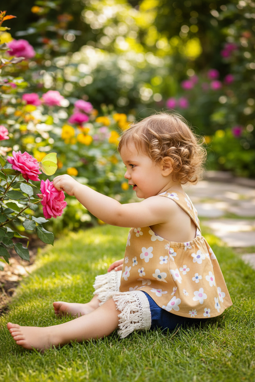 Toddler in floral blouse - outdoor setting