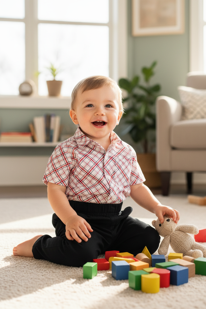 Toddler in plaid shirt with black pants - indoor natural light