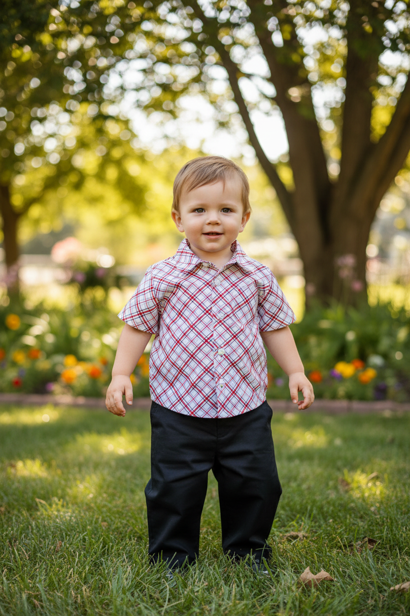 Toddler in plaid shirt with black pants - outdoor setting