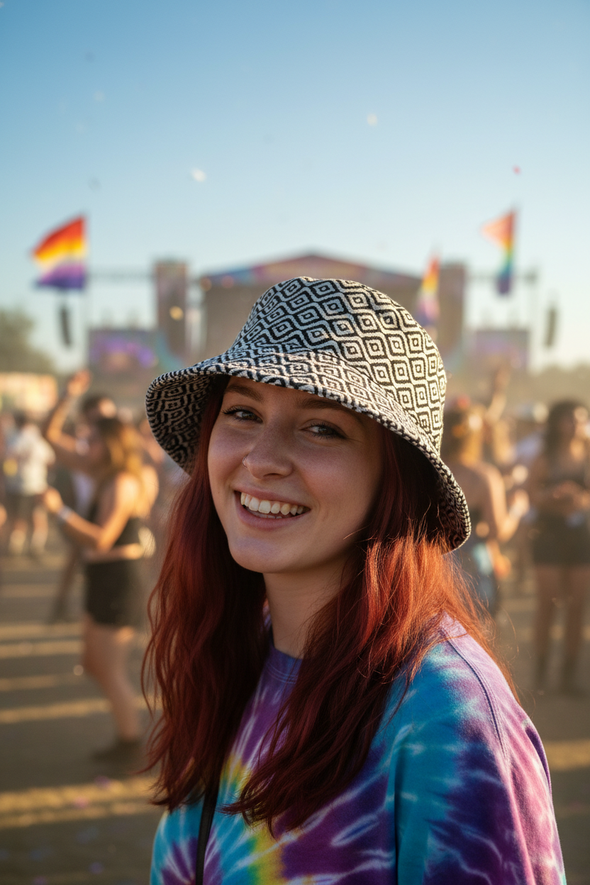 Young woman wearing Lucy Bucket Hat at music festival