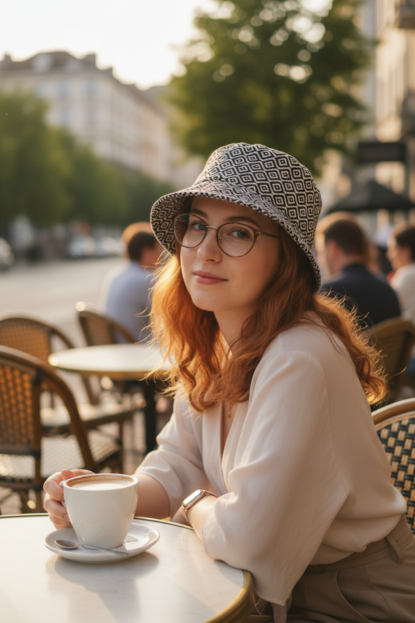 Young woman wearing Lucy Bucket Hat at outdoor cafe