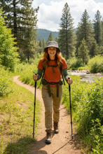 Load image into Gallery viewer, Young woman wearing Lucy Bucket Hat hiking
